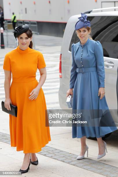 Princess Eugenie and Princess Beatrice arrive for the Lord Mayor's reception for the National Service of Thanksgiving at The Guildhall on June 03,...