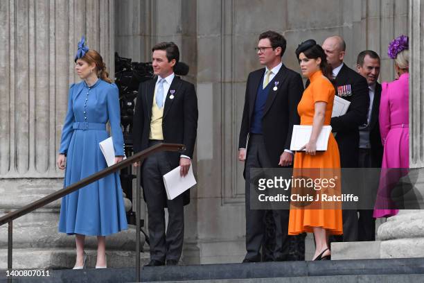 Princess Beatrice, Edoardo Mapelli Mozzi, Jack Brooksbank and Princess Eugenie depart the National Service of Thanksgiving at St Paul's Cathedral on...