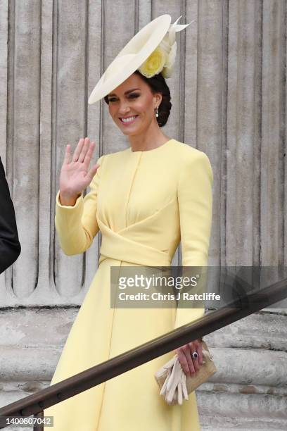 Catherine, Duchess of Cambridge departs the National Service of Thanksgiving at St Paul's Cathedral on June 03, 2022 in London, England. The Platinum...