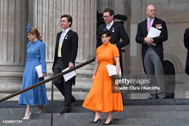 Princess Beatrice, Edoardo Mapelli Mozzi, Jack Brooksbank, Princess Eugenie and Mike Tindall depart the National Service of Thanksgiving at St Paul's...