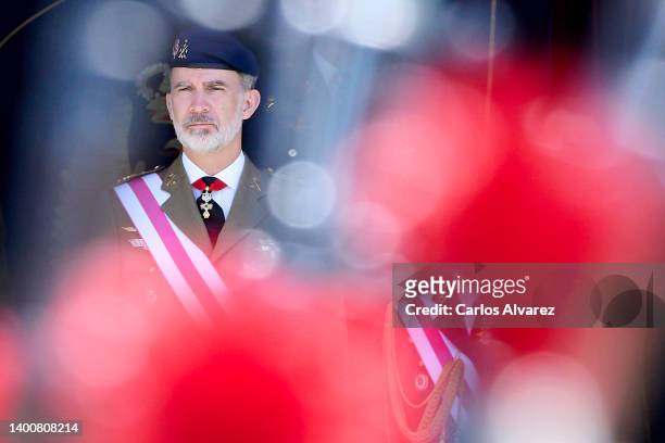 King Felipe VI of Spain attends the Royal Guards Flag ceremony at the 'El Rey' headquarters on June 03, 2022 in Madrid, Spain.