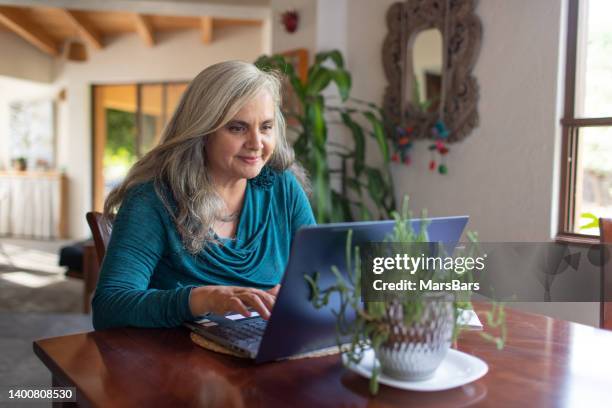 mujer madura con el pelo largo y gris trabajando en una computadora portátil desde casa, sonriendo - espacio de trabajo virtual compartido fotografías e imágenes de stock