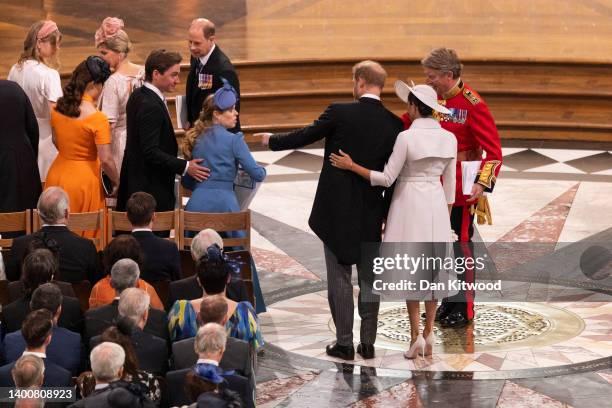 Prince Harry, Duke of Sussex, and Meghan, Duchess of Sussex attend the National Service of Thanksgiving at St Paul's Cathedral on June 03, 2022 in...