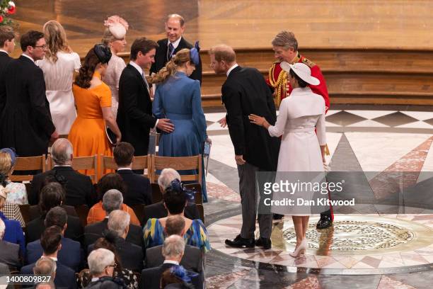Prince Harry, Duke of Sussex, and Meghan, Duchess of Sussex attend the National Service of Thanksgiving at St Paul's Cathedral on June 03, 2022 in...