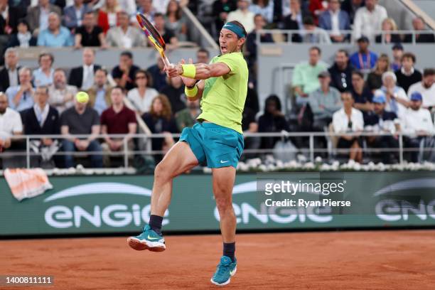 Rafael Nadal of Spain plays a forehand against Alexander Zverev of Germany during the Men's Singles Semi Final match on Day 13 of The 2022 French...