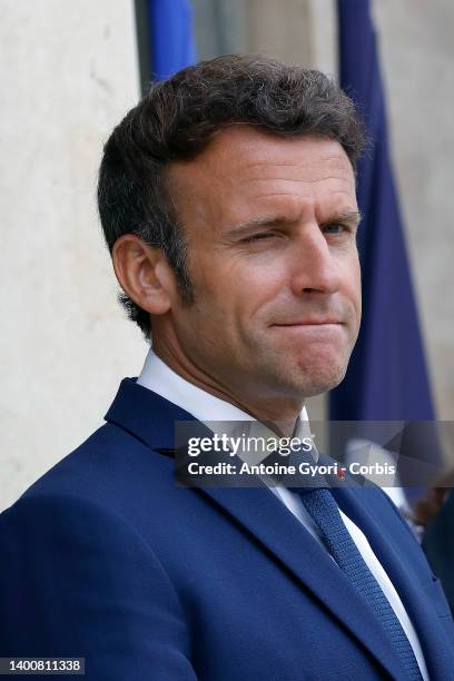 French President Emmanuel Macron awaits European Commission President Ursula von der Leyen prior to a working lunch at the Elysee Palace on June 03,...