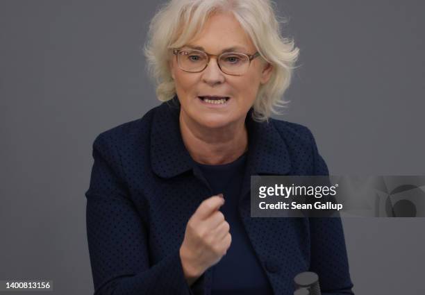 German Defense Minister Christine Lambrecht speaks prior to votes on both a constitutional amendment that will allow for the creation of a special...
