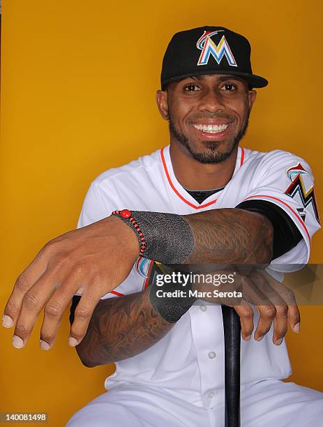 Shortstop Jose Reyes of the Miami Marlins poses for photos during media day at Roger Dean Stadium on February 27, 2012 in Jupiter, Florida.