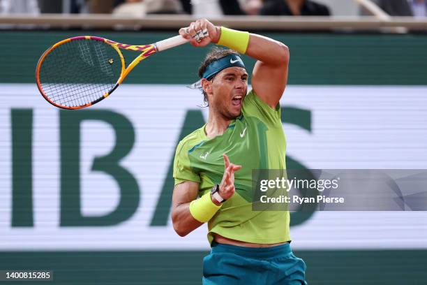 Rafael Nadal of Spain plays a forehand against Alexander Zverev of Germany during the Men's Singles Semi Final match on Day 13 of The 2022 French...