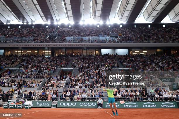 General view as Rafael Nadal of Spain serves against Alexander Zverev of Germany during the Men's Singles Semi Final match on Day 13 of The 2022...