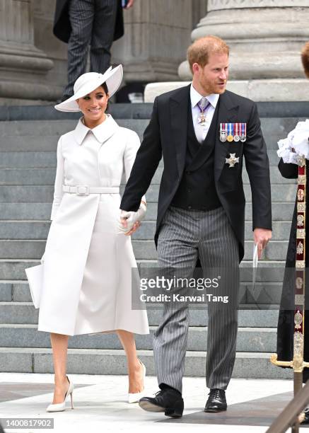 Meghan, Duchess of Sussex and Prince Harry, Duke of Sussex attend the National Service of Thanksgiving at St Paul's Cathedral on June 03, 2022 in...