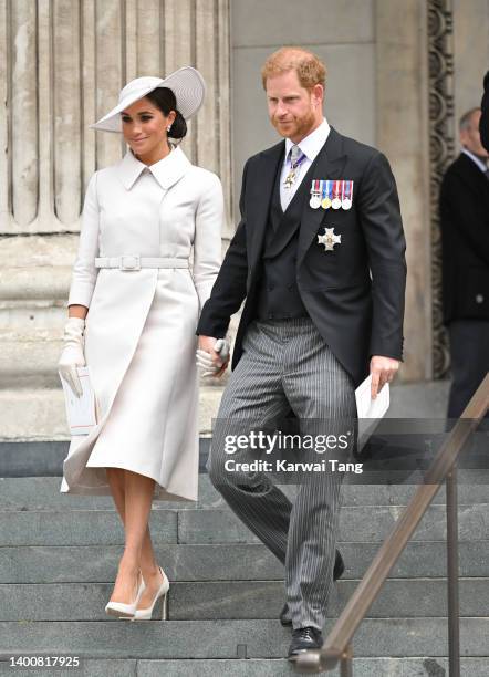 Meghan, Duchess of Sussex and Prince Harry, Duke of Sussex attend the National Service of Thanksgiving at St Paul's Cathedral on June 03, 2022 in...