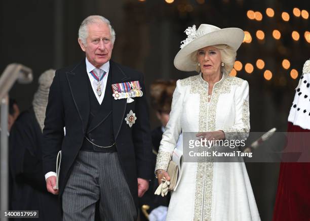 Prince Charles, Prince of Wales and Camilla, Duchess of Cornwall attend the National Service of Thanksgiving at St Paul's Cathedral on June 03, 2022...