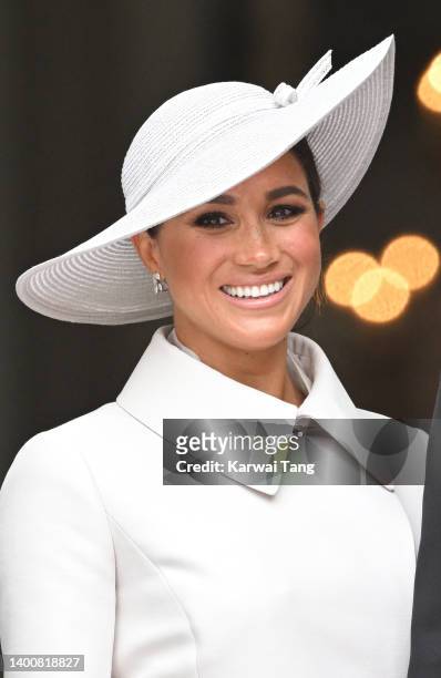 Meghan, Duchess of Sussex attends the National Service of Thanksgiving at St Paul's Cathedral on June 03, 2022 in London, England. The Platinum...