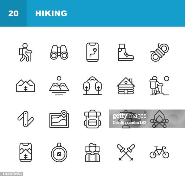 hiking line icons. editable stroke. contains such icons as backpack, bonfire, camping, climbing, forest, healthy lifestyle, hiking, trail, hut, map, mountain, nature, outdoors, photography, travel, trekking, wilderness - binocular icon stock illustrations