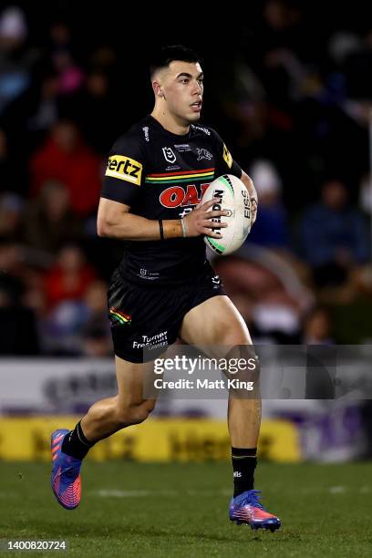 Charlie Staines of the Panthers runs with the ball during the round 13 NRL match between the Penrith Panthers and the Canterbury Bulldogs at BlueBet...