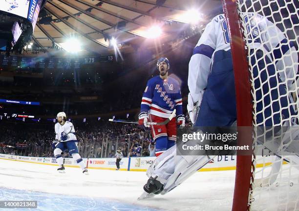 Chris Kreider of the New York Rangers celebrates his first period goal against Andrei Vasilevskiy of the Tampa Bay Lightning in Game One of the...