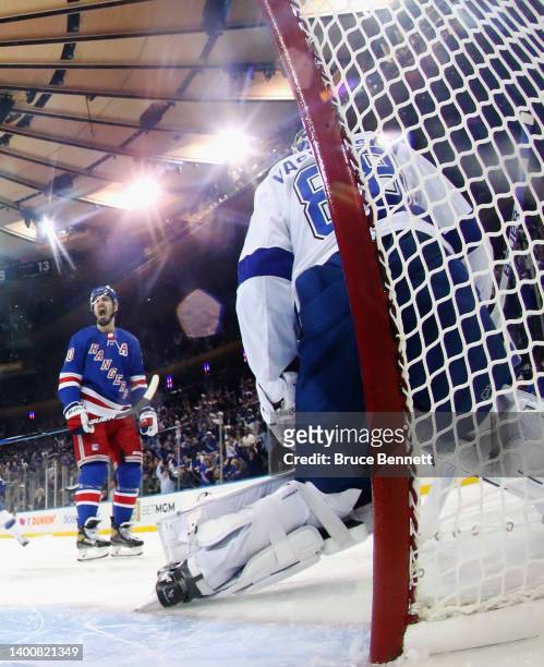 Chris Kreider of the New York Rangers celebrates his first period goal against Andrei Vasilevskiy of the Tampa Bay Lightning in Game One of the...