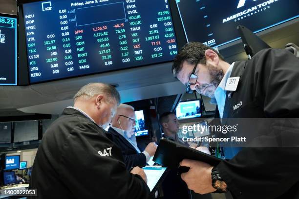 Traders work on the floor of the New York Stock Exchange at the start of the trading day on June 03, 2022 in New York City. A new jobs report...