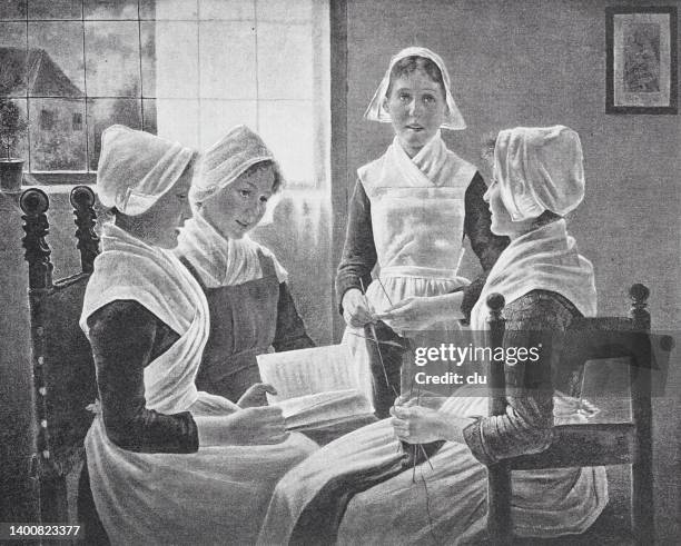 ilustraciones, imágenes clip art, dibujos animados e iconos de stock de cuatro chicas holandesas con capuchas blancas sentadas en una habitación, cantando - libro-de-himnos