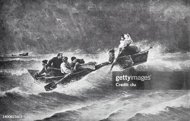 two rowboats in stormy sea, with men, woman and a child - rowing boat stock illustrations