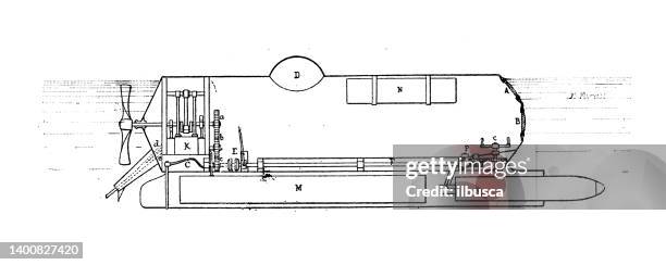 antique illustration: submarine - ocean cross section stock illustrations