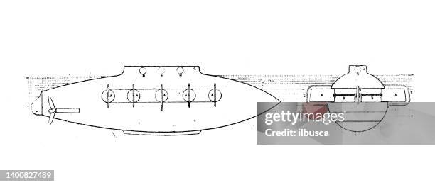 antique illustration: submarine - ocean cross section stock illustrations