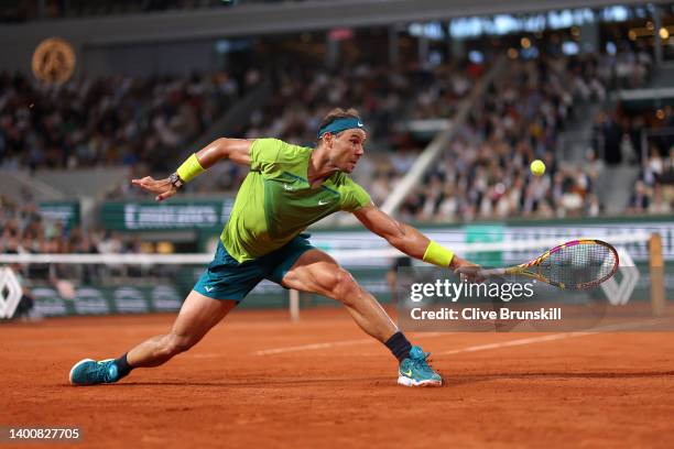 Rafael Nadal of Spain plays a backhand against Alexander Zverev of Germany during the Men's Singles Semi Final match on Day 13 of The 2022 French...