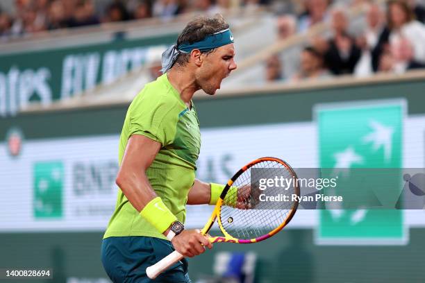 Rafael Nadal of Spain celebrates against Alexander Zverev of Germany during the Men's Singles Semi Final match on Day 13 of The 2022 French Open at...