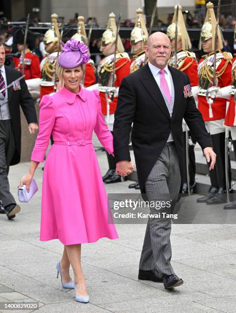 Zara Tindall and Mike Tindall attend the National Service of Thanksgiving at St Paul's Cathedral on June 03, 2022 in London, England. The Platinum...