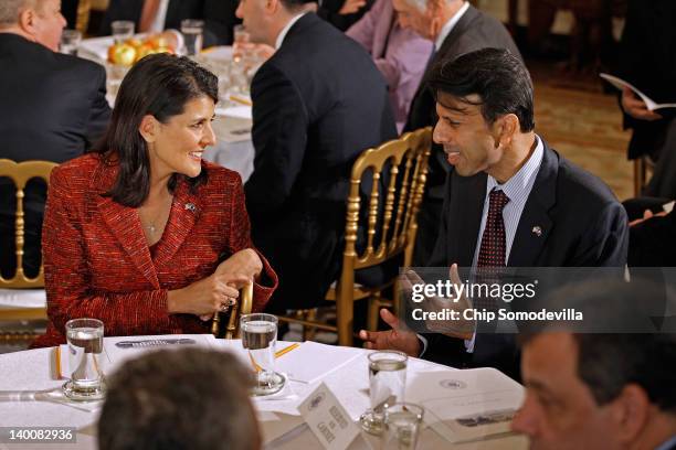 South Carolina Gov. Nikki Haley and Louisiana Gov. Bobby Jindal visit during a meeting of the National Governors Association in the State Dining Room...