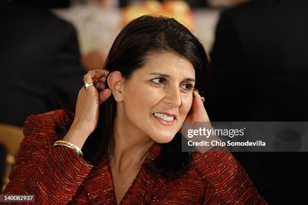 South Carolina Gov. Nikki Haley attends a meeting of the National Governors Association in the State Dining Room of the White House February 27, 2012...