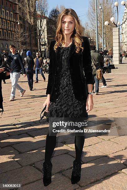 Elisa Sednaoui attends the Roberto Cavalli Autumn/Winter 2012/2013 fashion show as part of Milan Womenswear Fashion Week on February 27, 2012 in...