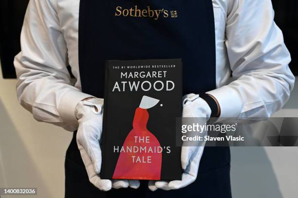 View of the Margaret Atwood's unique single-copy “Unburnable” special edition of The Handmaid’s Tale at Sotheby's on June 03, 2022 in New York City....