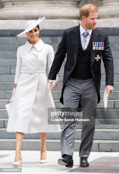 Meghan, Duchess of Sussex and Prince Harry, Duke of Sussex attend the National Service of Thanksgiving at St Paul's Cathedral on June 03, 2022 in...