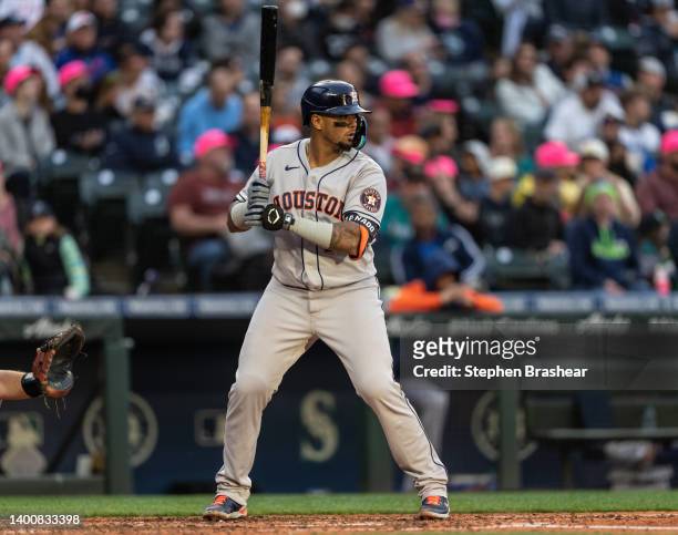 Martin Maldonado of the Houston Astros waits for a pitch during an at-bat in a game against the Seattle Mariners at T-Mobile Park on May 27, 2022 in...