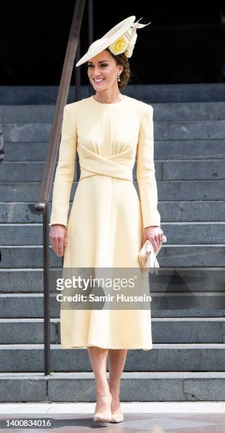 Catherine, Duchess of Cambridge attend the National Service of Thanksgiving at St Paul's Cathedral on June 03, 2022 in London, England. The Platinum...