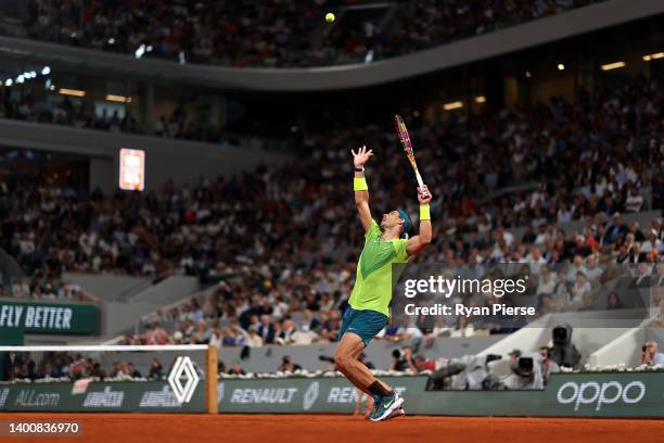 Rafael Nadal of Spain serves against Alexander Zverev of Germany during the Men's Singles Semi Final match on Day 13 of The 2022 French Open at...