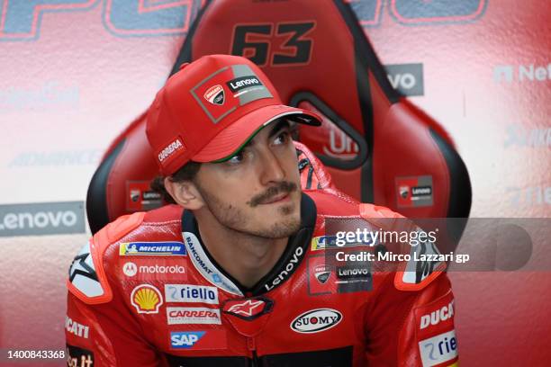 Francesco Bagnaia of Italy and Ducati Lenovo Team looks on in box during the MotoGP of Catalunya - Free Practice at Circuit de Barcelona-Catalunya on...