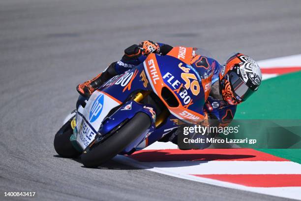 Aron Canet of Spain and Flexbox HP40 rounds the bend during the MotoGP of Catalunya - Free Practice at Circuit de Barcelona-Catalunya on June 03,...