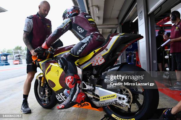 Sam Lowes of Great Britain and Elf Marc VDS Racing Team starts from box during the MotoGP of Catalunya - Free Practice at Circuit de...