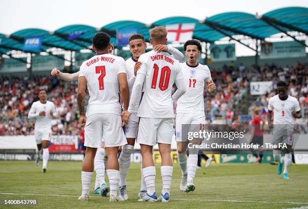 Emile Smith-Rowe of England celebrates with Max Aarons after scoring their side's first goal during the UEFA European Under-21 Championship Qualifier...