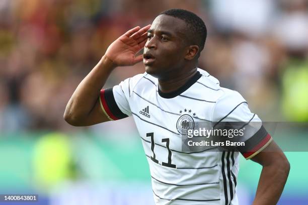 Youssoufa Moukoko of Germany U21 celebrates their team's first goal during the UEFA European Under-21 Championship Qualifier Group B match between...