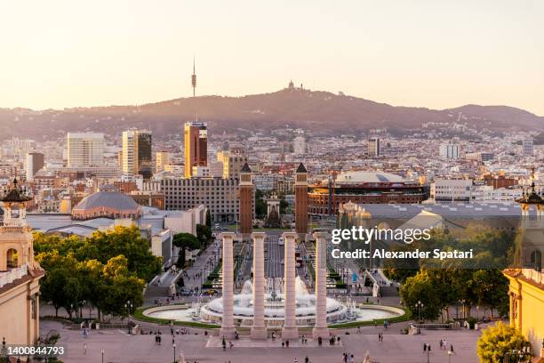 aerial view of barcelona skyline with plaza de espana and magic fountain of montjuic, spain - montjuic stock pictures, royalty-free photos & images