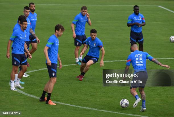 Alessandro Florenzi of Italy in action during a Italy training session at Centro Tecnico Federale di Coverciano on June 03, 2022 in Florence, Italy.