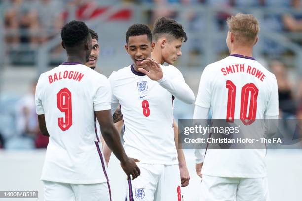 Jacob Ramsey of England celebrates after scoring their side's second goal with team mates during the UEFA European Under-21 Championship Qualifier...