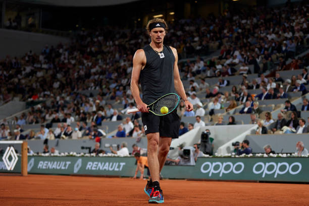 Alexander Zverev of Germany looks on against Rafael Nadal of Spain during the Men's Singles Semi Final match on day thirteen of the 2022 French Open...