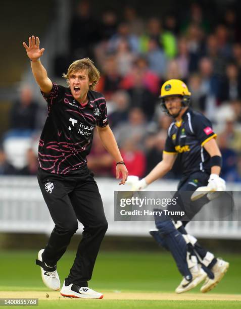 Tom Lammonby of Somerset unsuccessfully appeals for the LBW of Sam Northeast of Glamorgan during the Vitality T20 Blast match between Somerset and...