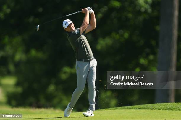 Brendan Steele of the United States plays a shot on the seventh hole during the second round of the Memorial Tournament presented by Workday at...