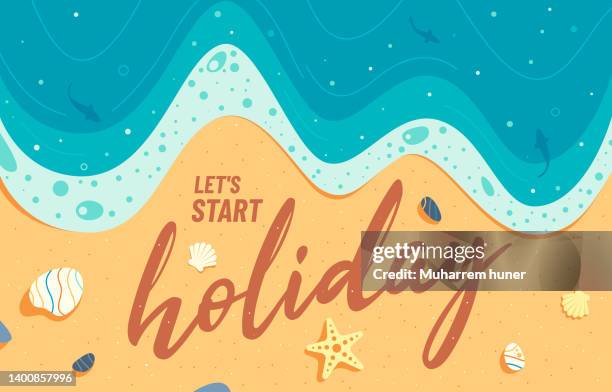 top view illustration of sea and beach with typography. vector summer vacation illustration. - rock font stock illustrations